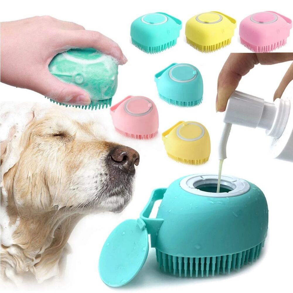 NEW pink square massaging shampoo dispenser grooming silicone dog bath brush 190